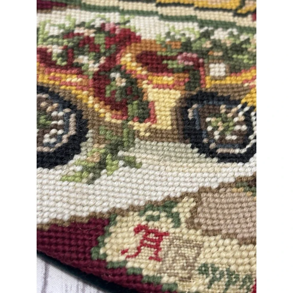 Vintage Needlepoint Hand Embroidered Christmas Stocking Wool Velvet Car 20